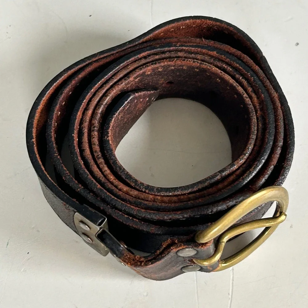 Vtg Belt Brass Buckle Mens XL XXL Distressed Brown Leather Workwear Reversible